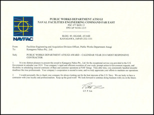 米軍厚木基地公共事業部より2010年度　Most Responsive Contractor（最も対応の早い業者）の表彰をされました